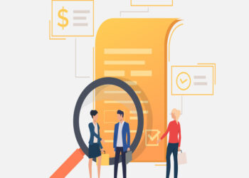 Business people standing at document. Magnifying glass, analysis, contract. Search concept. Vector illustration can be used for topics like business, internet, partnership