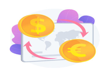 Currency exchange service. Monetary transfer, changing dollar to euro, buying and selling foreign money. Golden coins with EU and US currency symbols. Vector isolated concept metaphor illustration